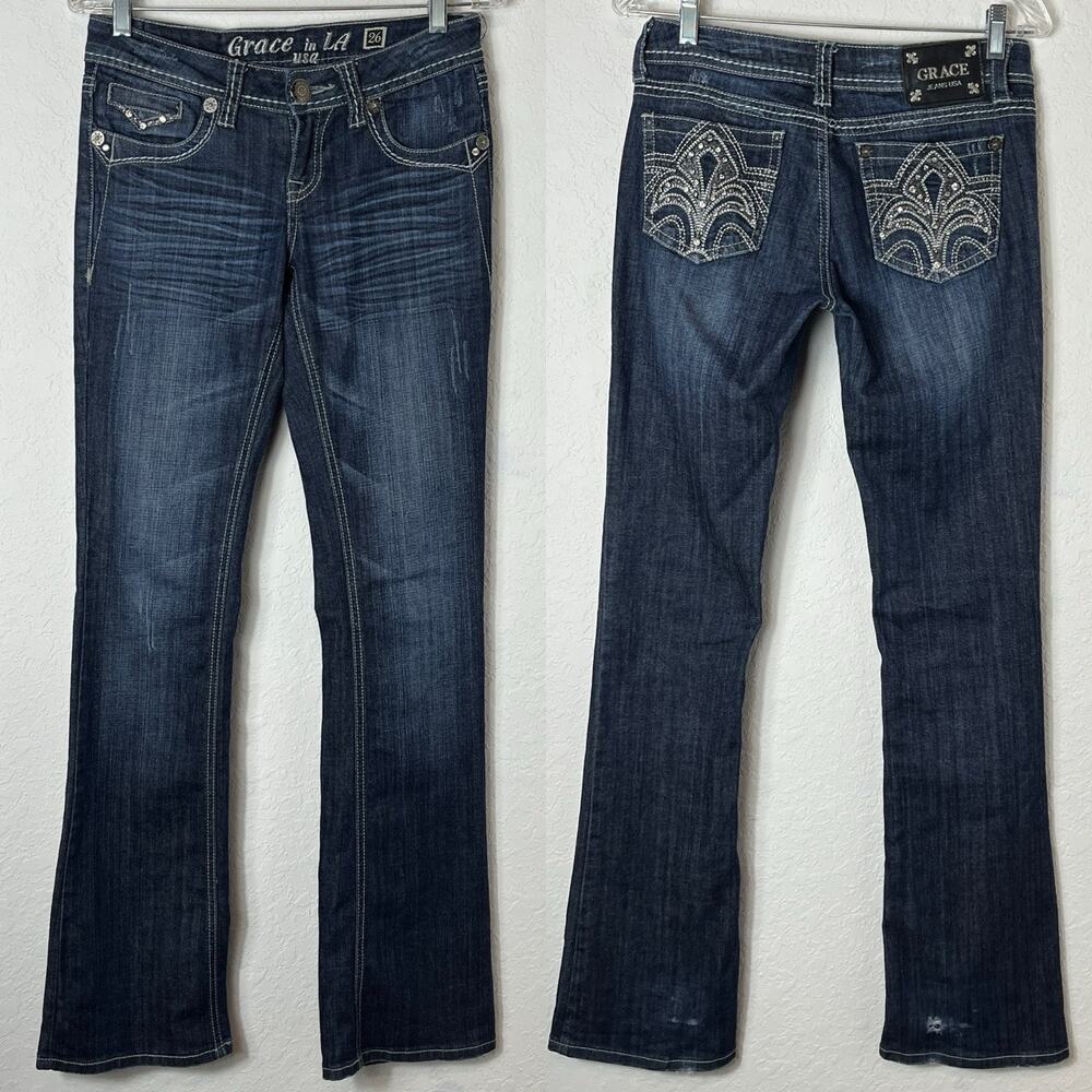 Grace In LA Jeans Size 26, Embellished pockets, wiskering details, straight leg
